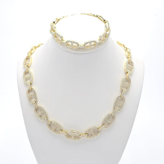 zircon paperclip set. chain and bracelet. size 50 cm