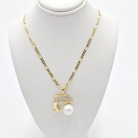 pearl dolphin pendant and figaro chain. size 23 inches